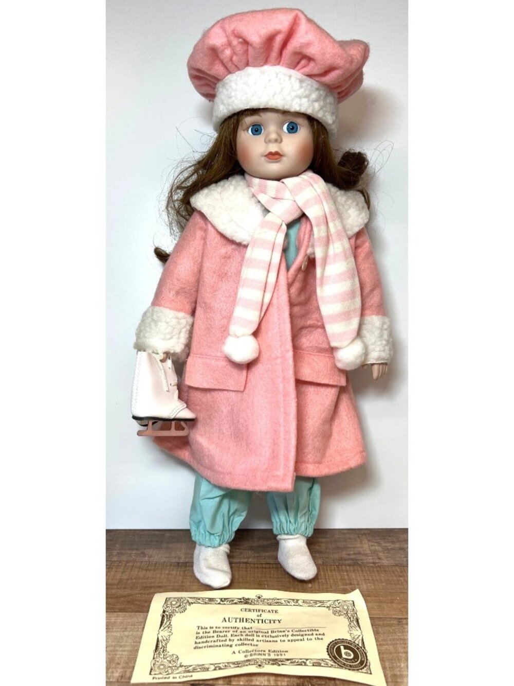 Brinns 1991 Collectible Porcelain Doll With Pink Winter Outfit & Ice Skates